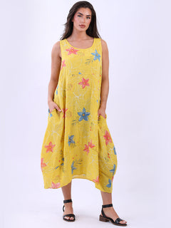 Oversized Floral Cotton Sleeveless Dress Mustard