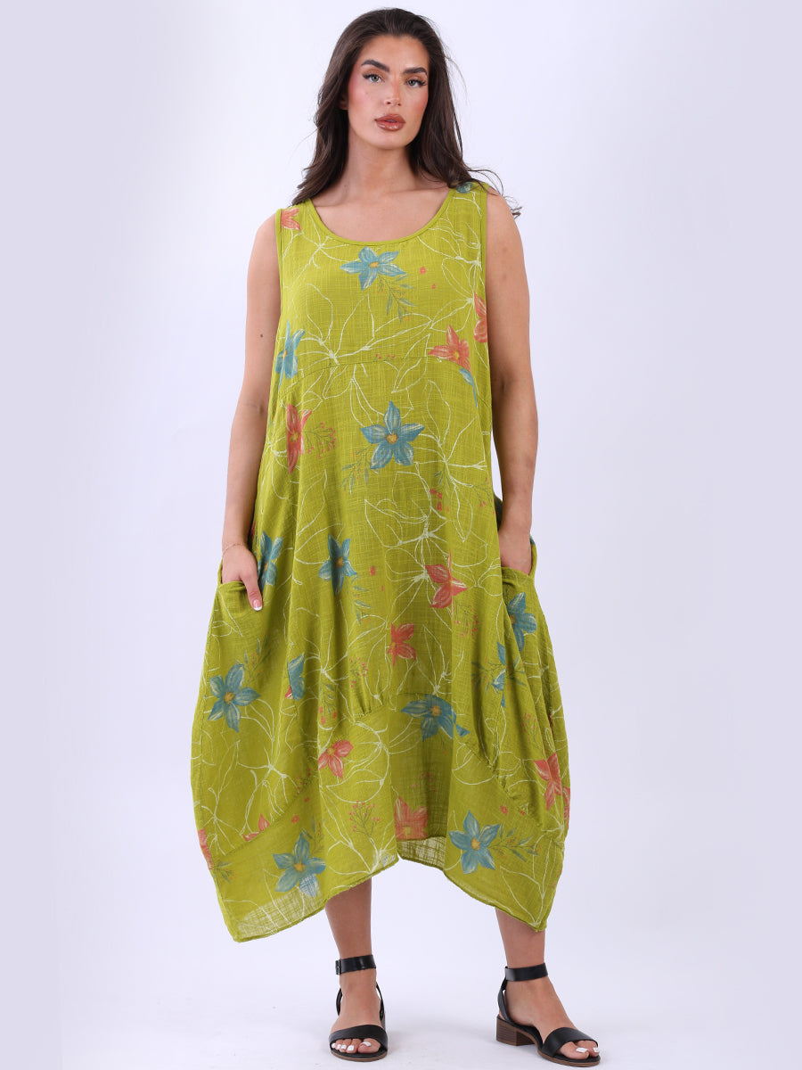 Oversized Floral Cotton Sleeveless Dress Olive