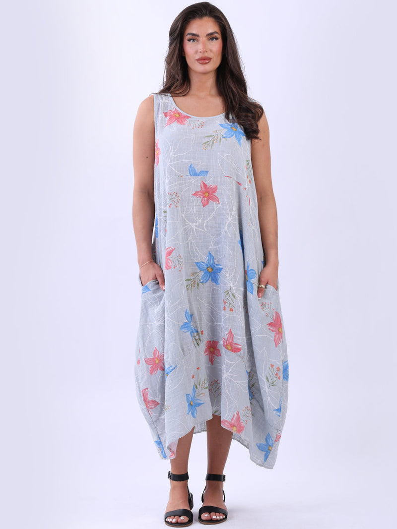 Oversized Floral Cotton Sleeveless Dress Silver
