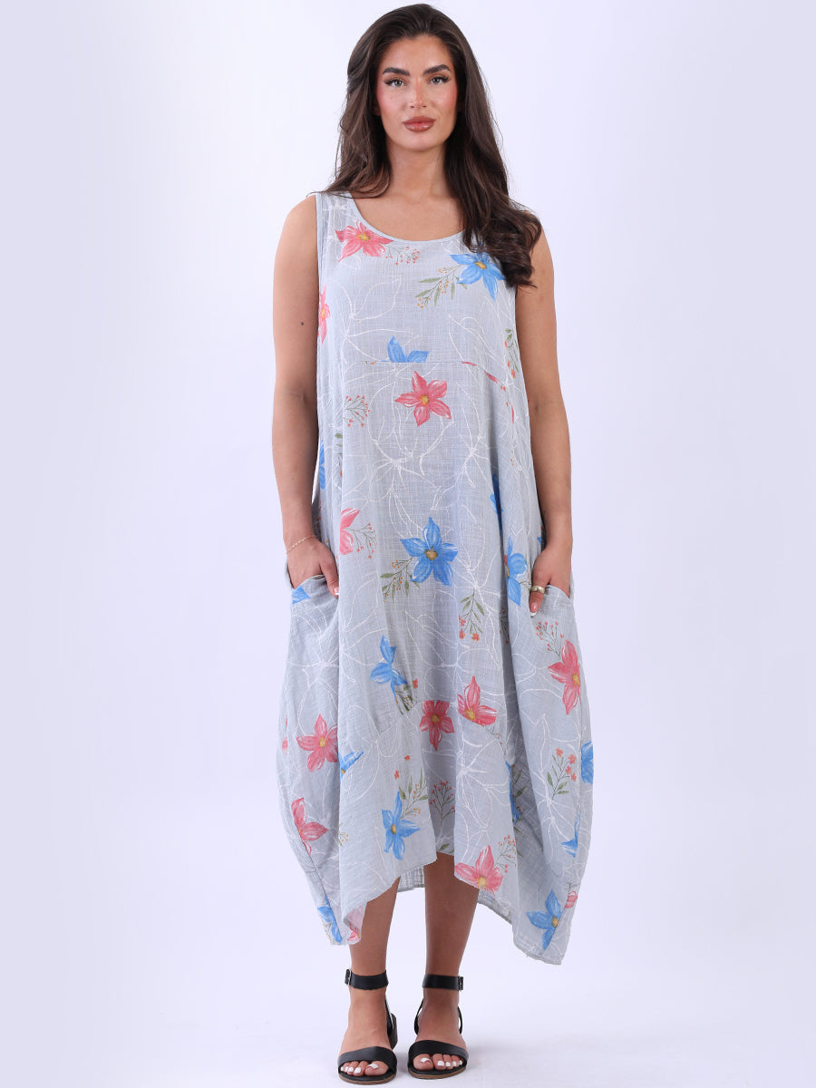 Oversized Floral Cotton Sleeveless Dress Silver