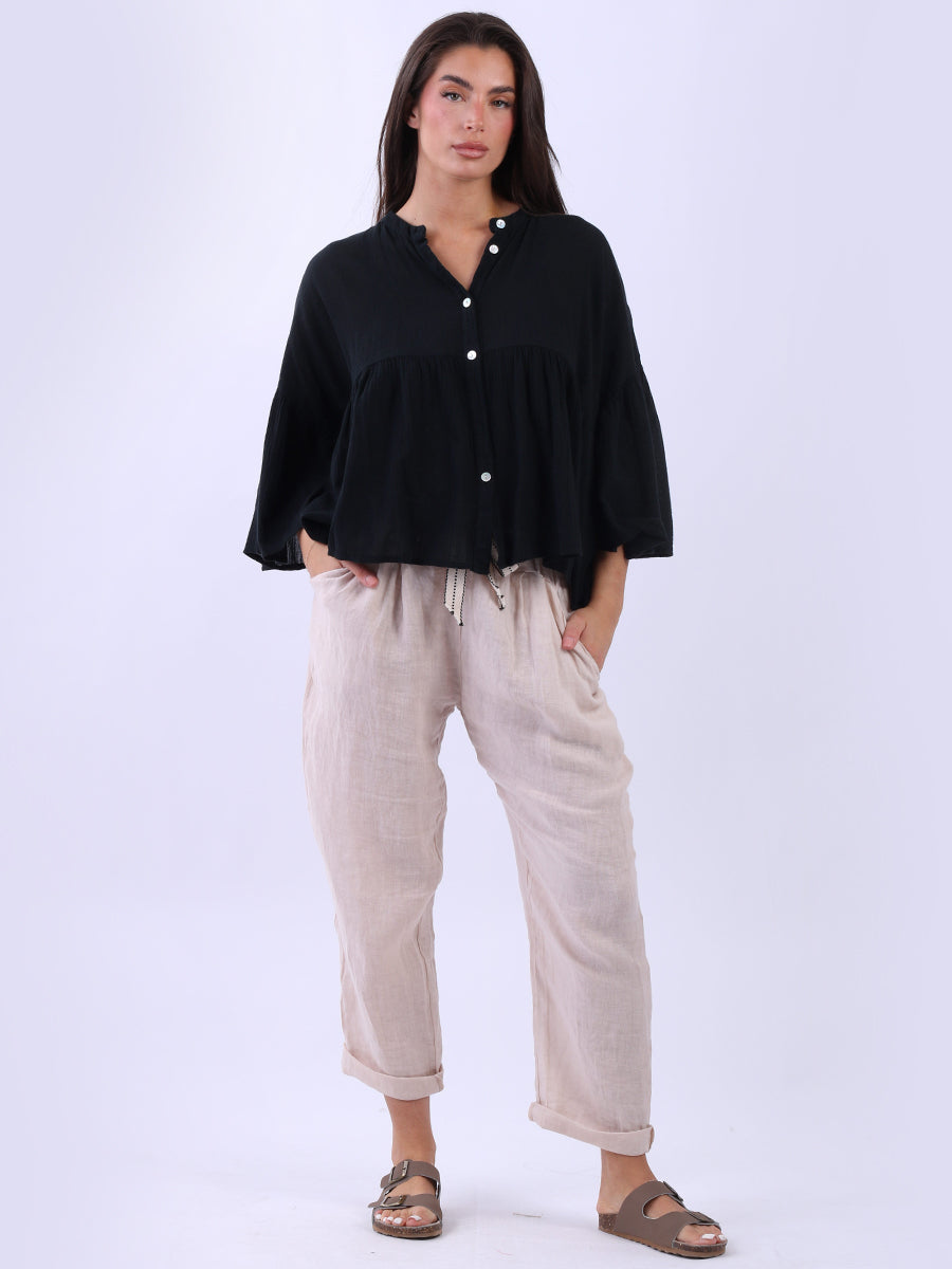 Button Down Peplum Top Black