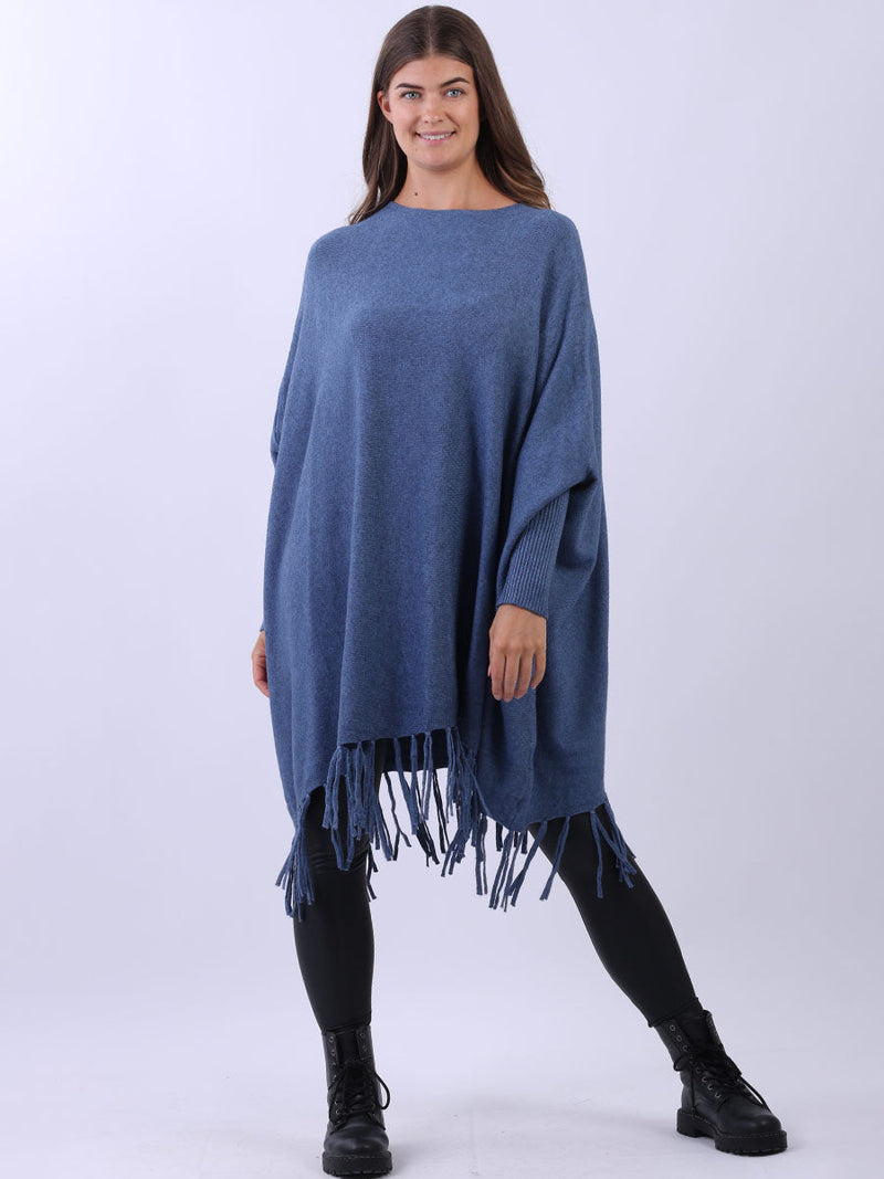 Knitted Oversized Tunic Poncho Denim