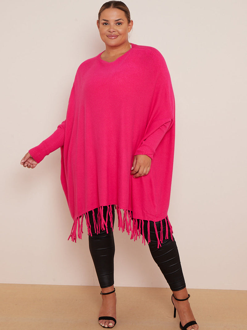 Knitted Oversized Tunic Poncho Fuchsia