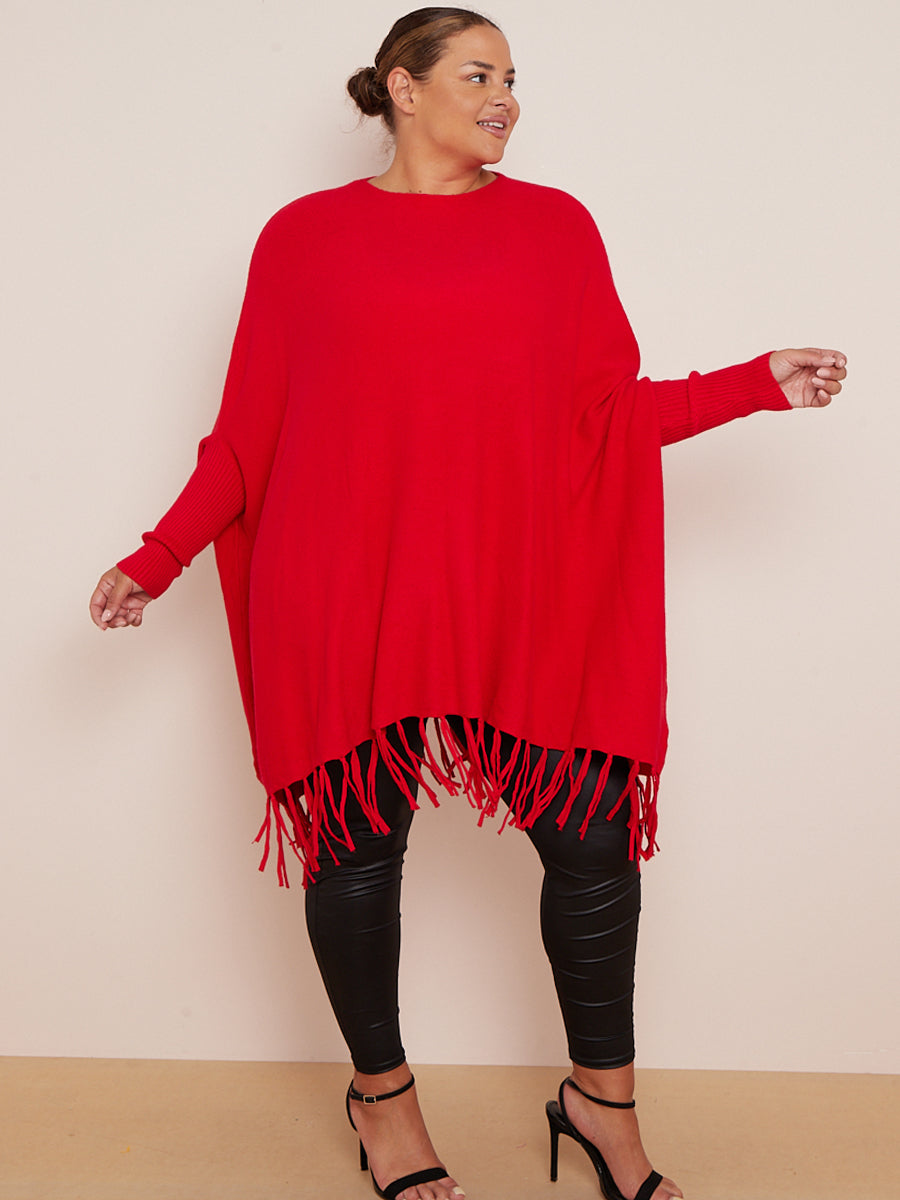 Knitted Oversized Tunic Poncho Red