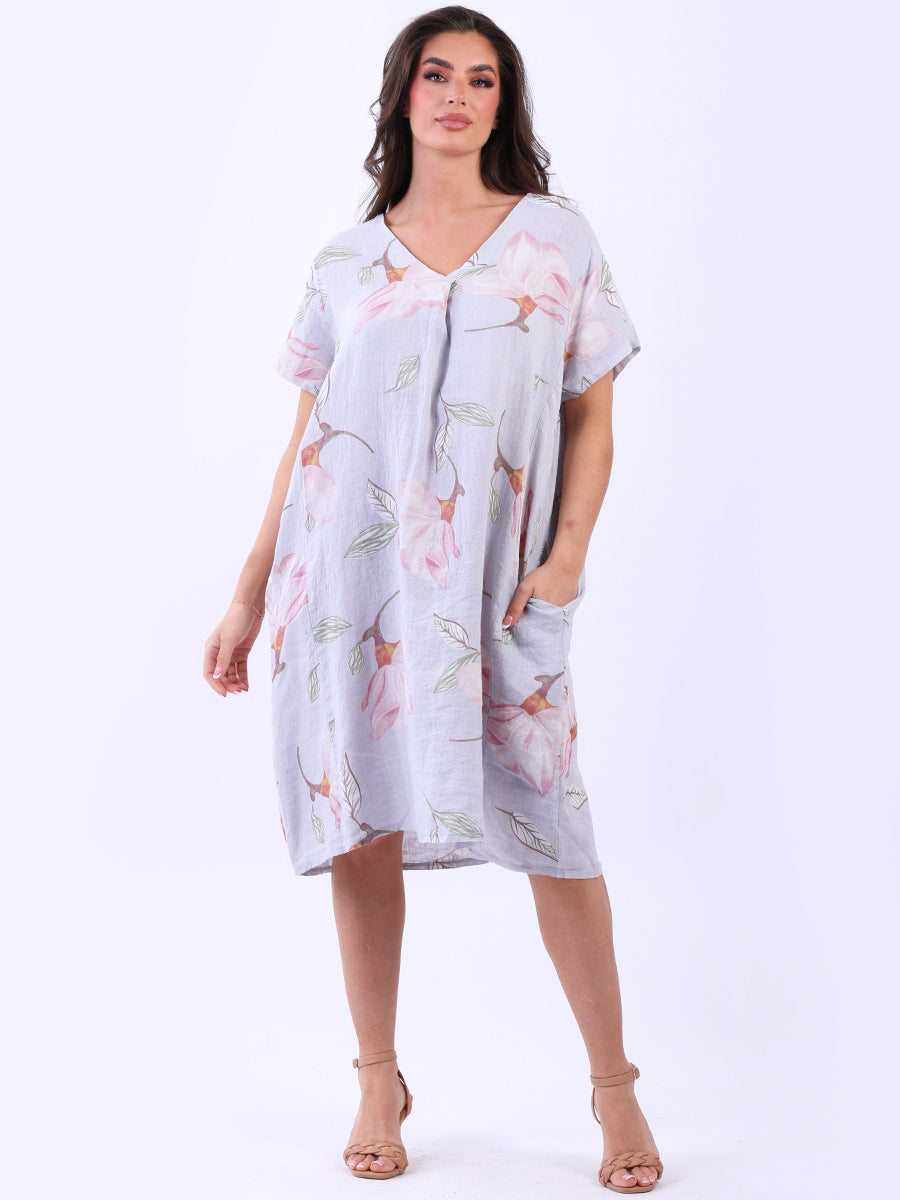 Plus Size Floral Linen Dress Silver