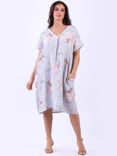 Plus Size Floral Linen Dress Silver