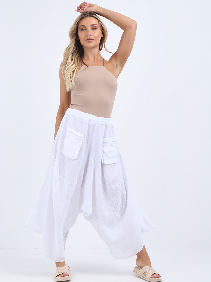 Linen Wide Leg Harem Palazzo White