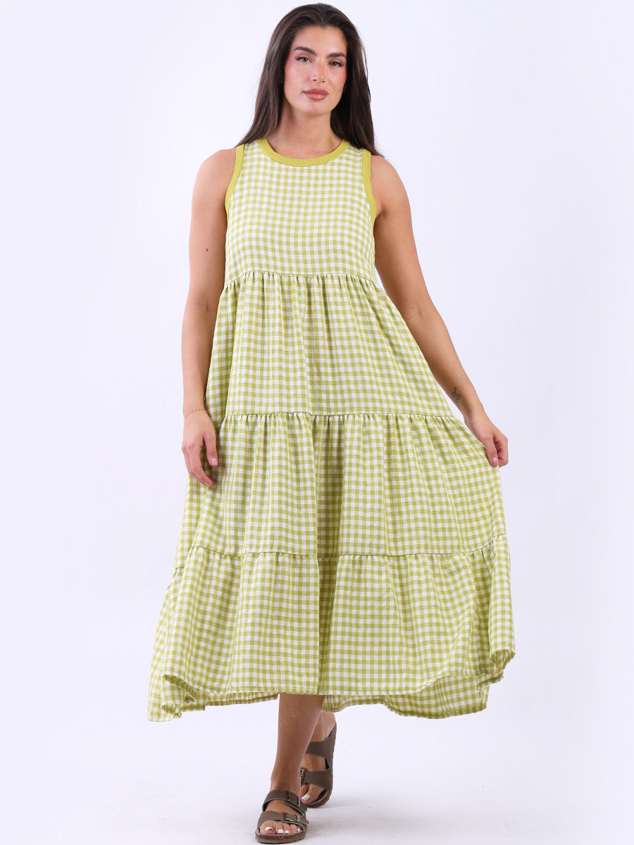 Sleeveless Cotton Gingham Dress Lime Green