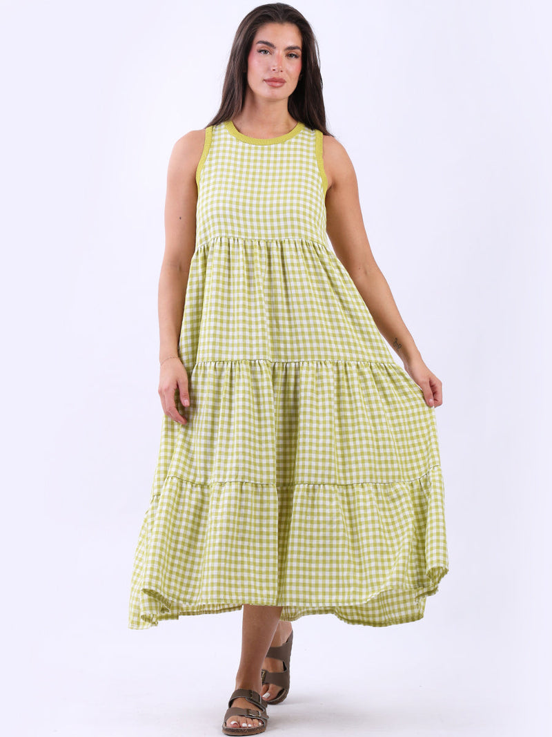 Sleeveless Cotton Gingham Dress Lime Green