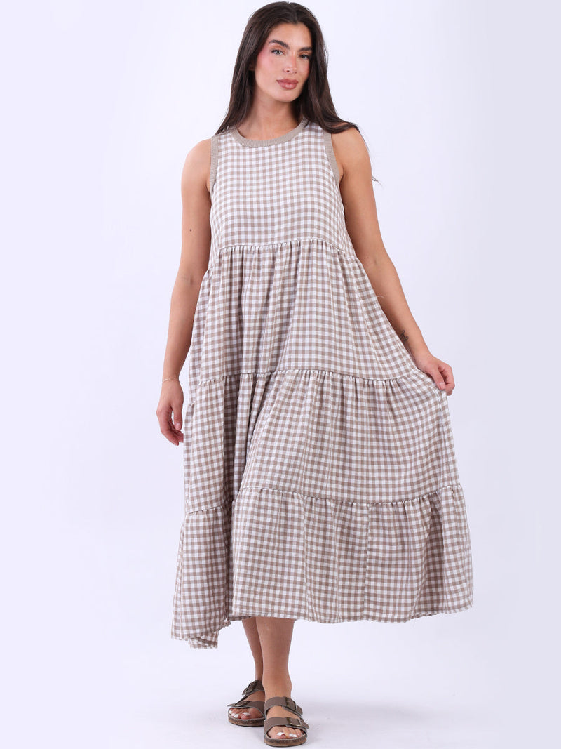 Sleeveless Cotton Gingham Dress Mocha