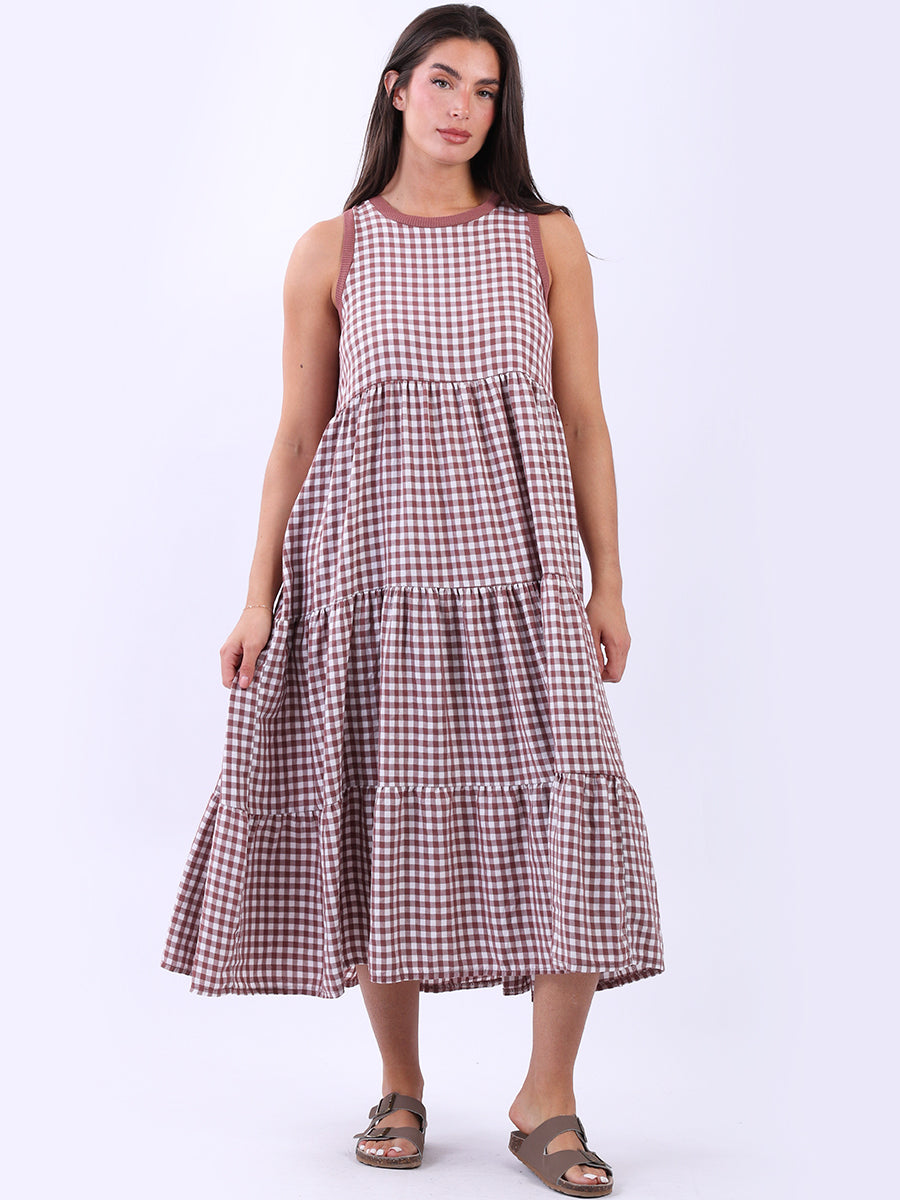 Sleeveless Cotton Gingham Dress Rust