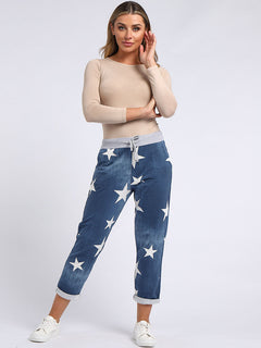 Star Print Cotton Trouser Denim