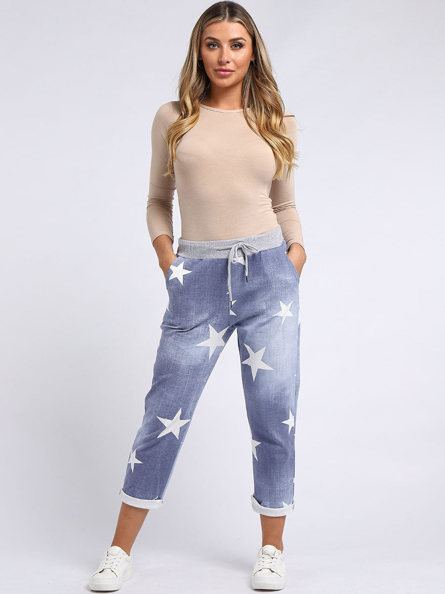 Star Print Cotton Trouser Light Denim