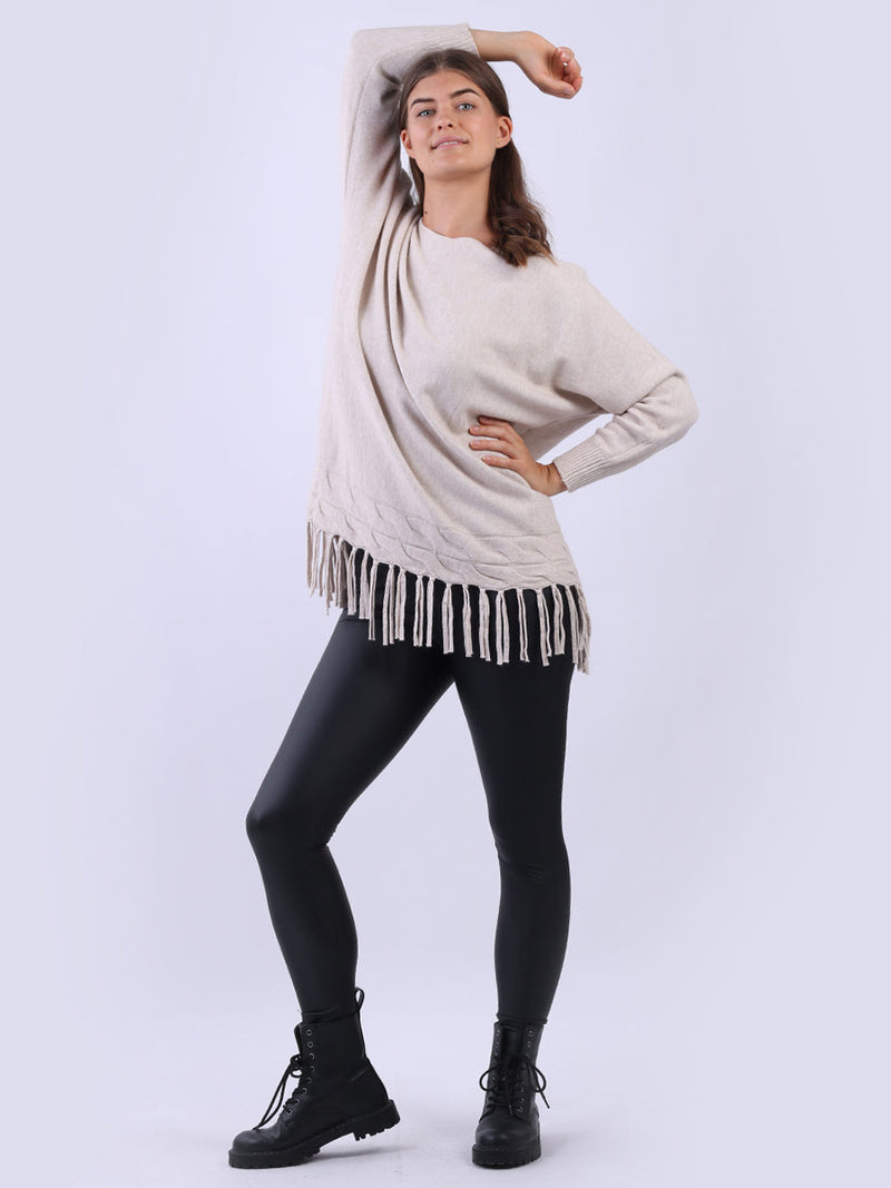 Solid Knitted Fringe Jumper Beige