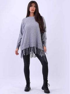 Solid Knitted Fringe Jumper Dark Grey