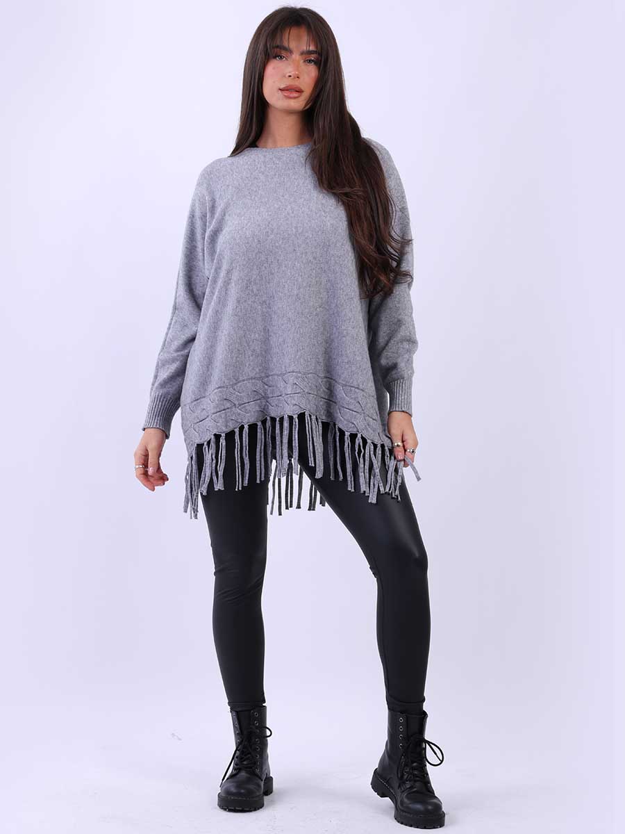 Solid Knitted Fringe Jumper Dark Grey