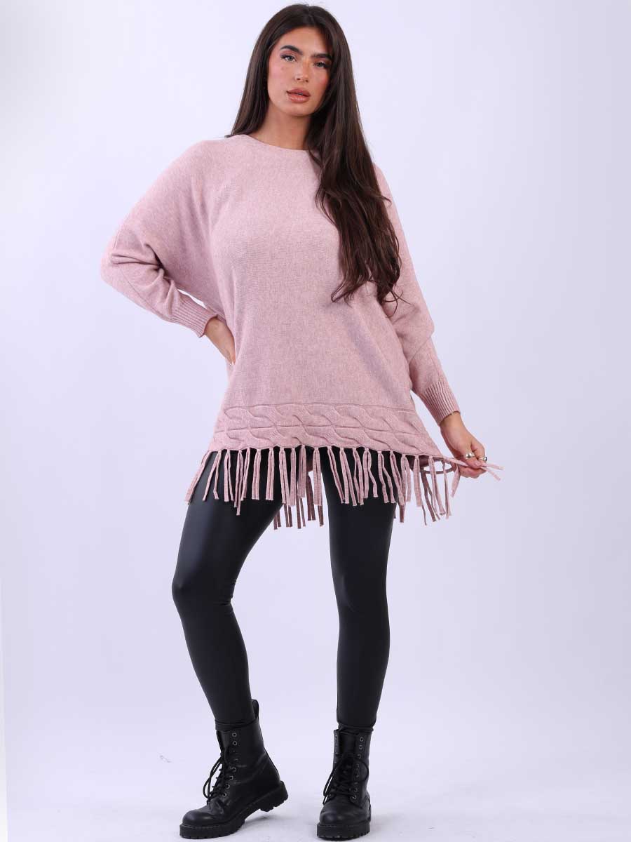 Solid Knitted Fringe Jumper Pink