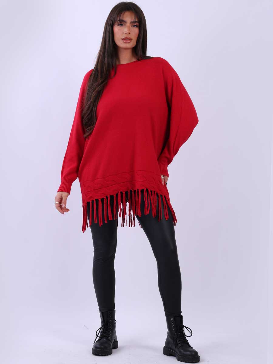 Solid Knitted Fringe Jumper Red