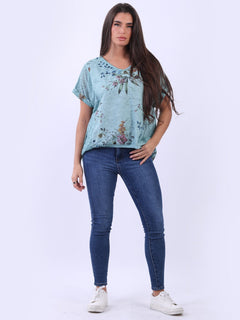 Floral Linen Crop Top Ocean Blue
