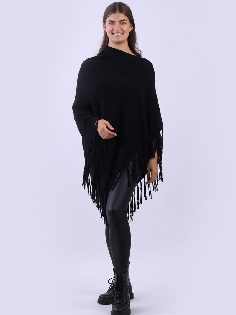 Cowl Neck Knitted Fringe Poncho Black