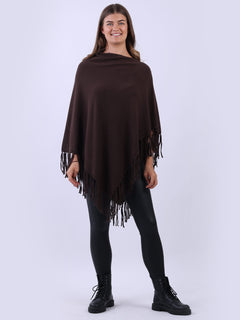 Cowl Neck Knitted Fringe Poncho Chocolate