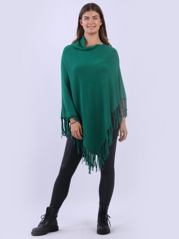 Cowl Neck Knitted Fringe Poncho Green