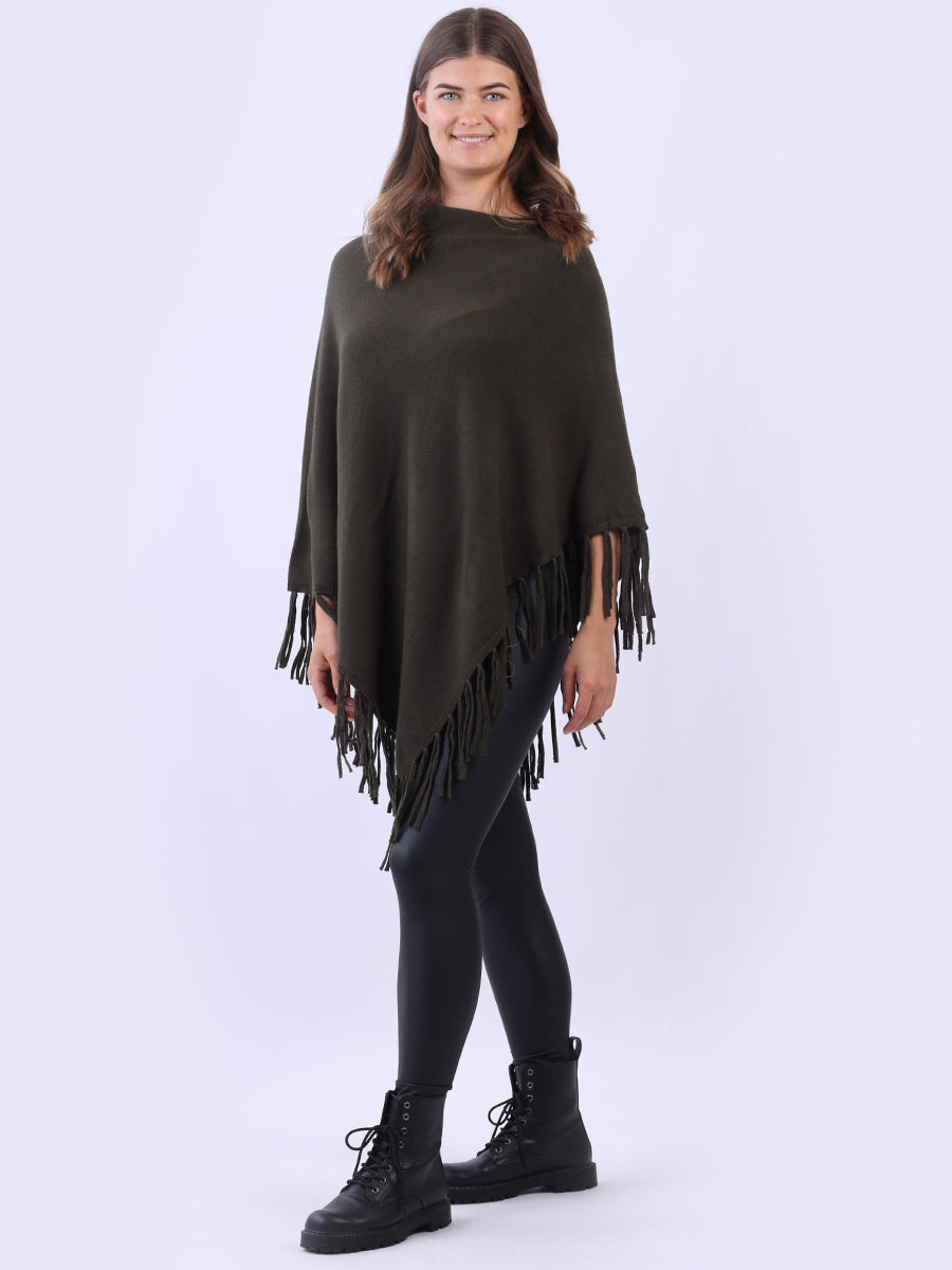 Cowl Neck Knitted Fringe Poncho Khaki