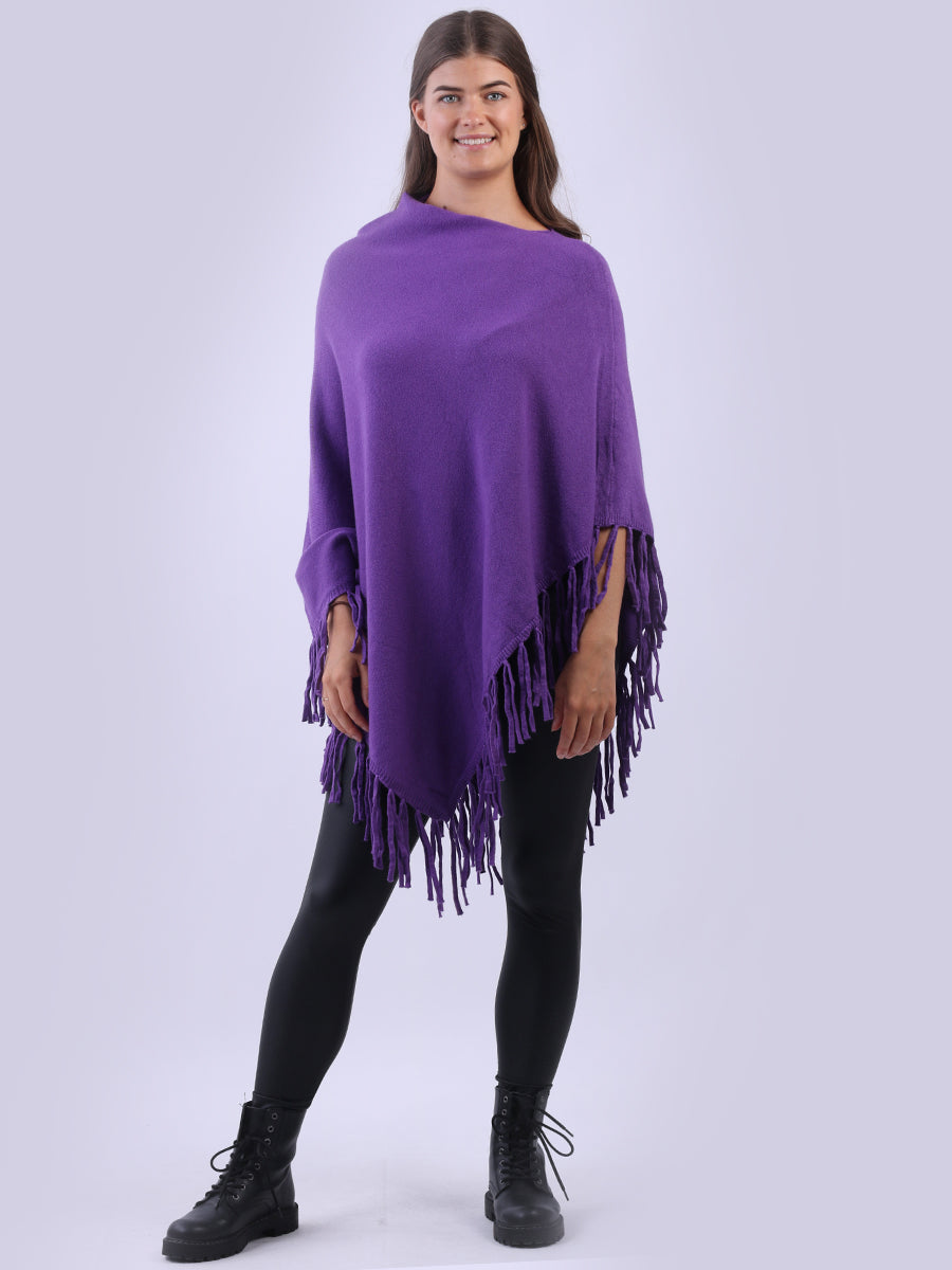 Cowl Neck Knitted Fringe Poncho Lilac
