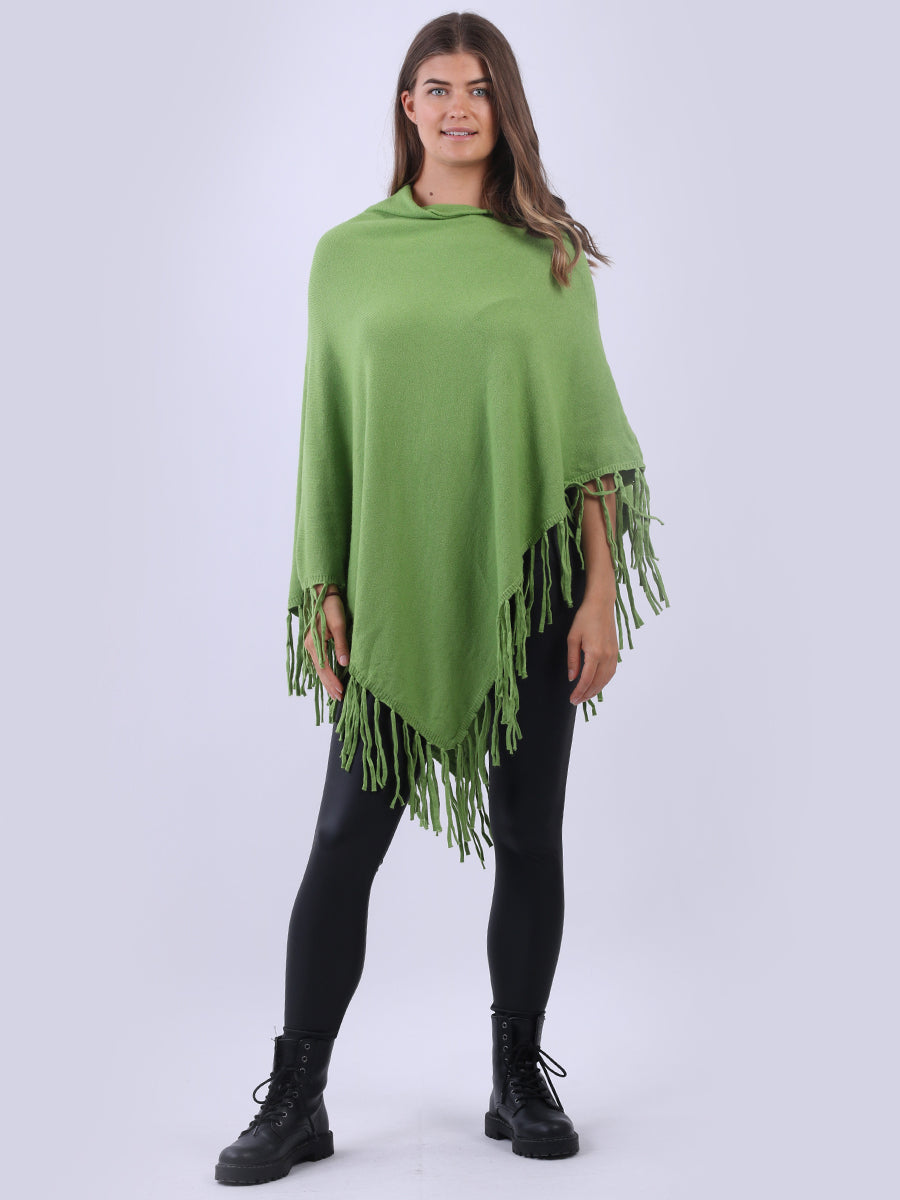 Cowl Neck Knitted Fringe Poncho Lime Green