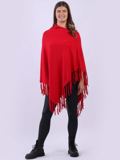 Cowl Neck Knitted Fringe Poncho Red