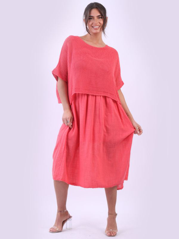Mesh Net Cotton Midi Dress Coral