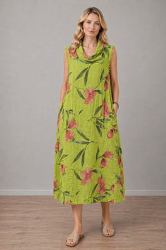 Floral Linen Dress Lime Green
