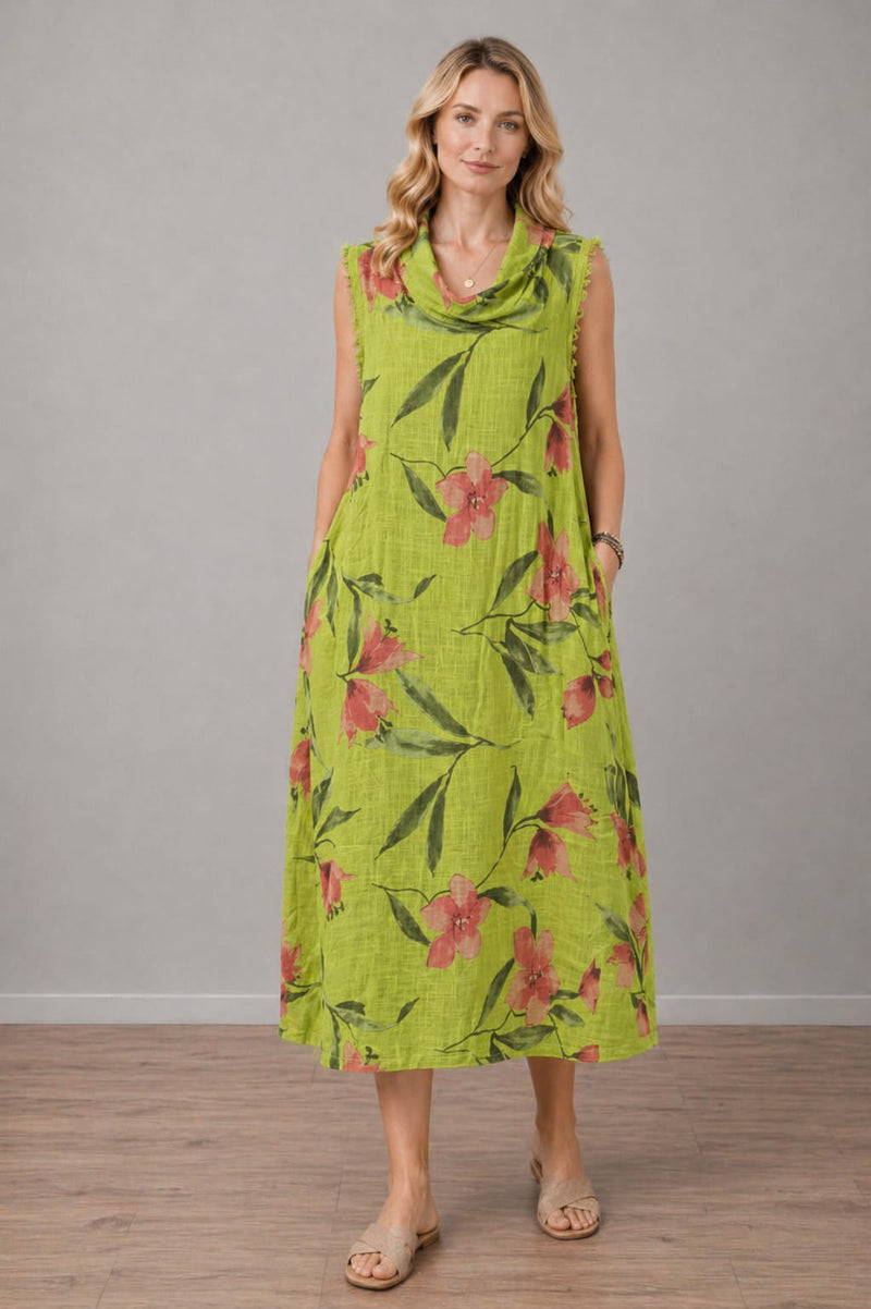 Floral Linen Dress Lime Green