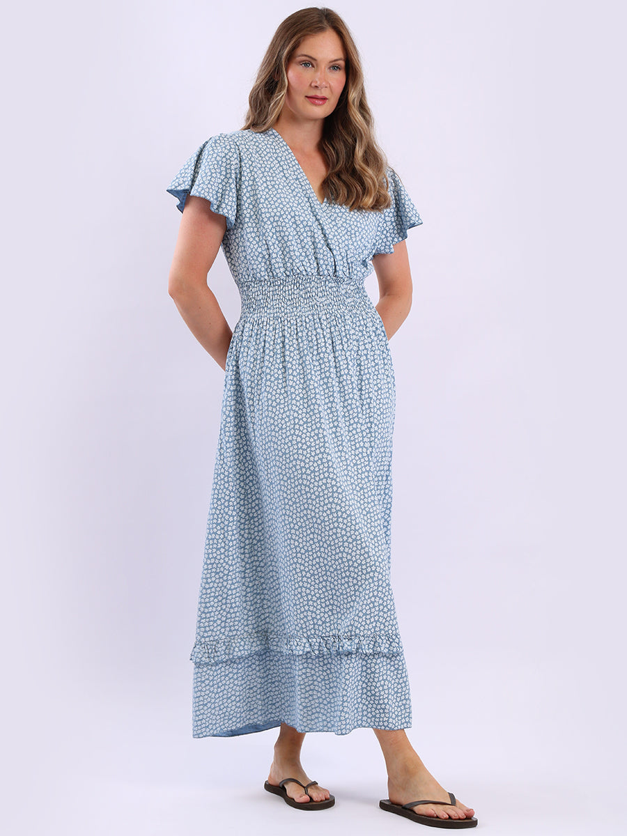 Smocked Floral Dress Denim