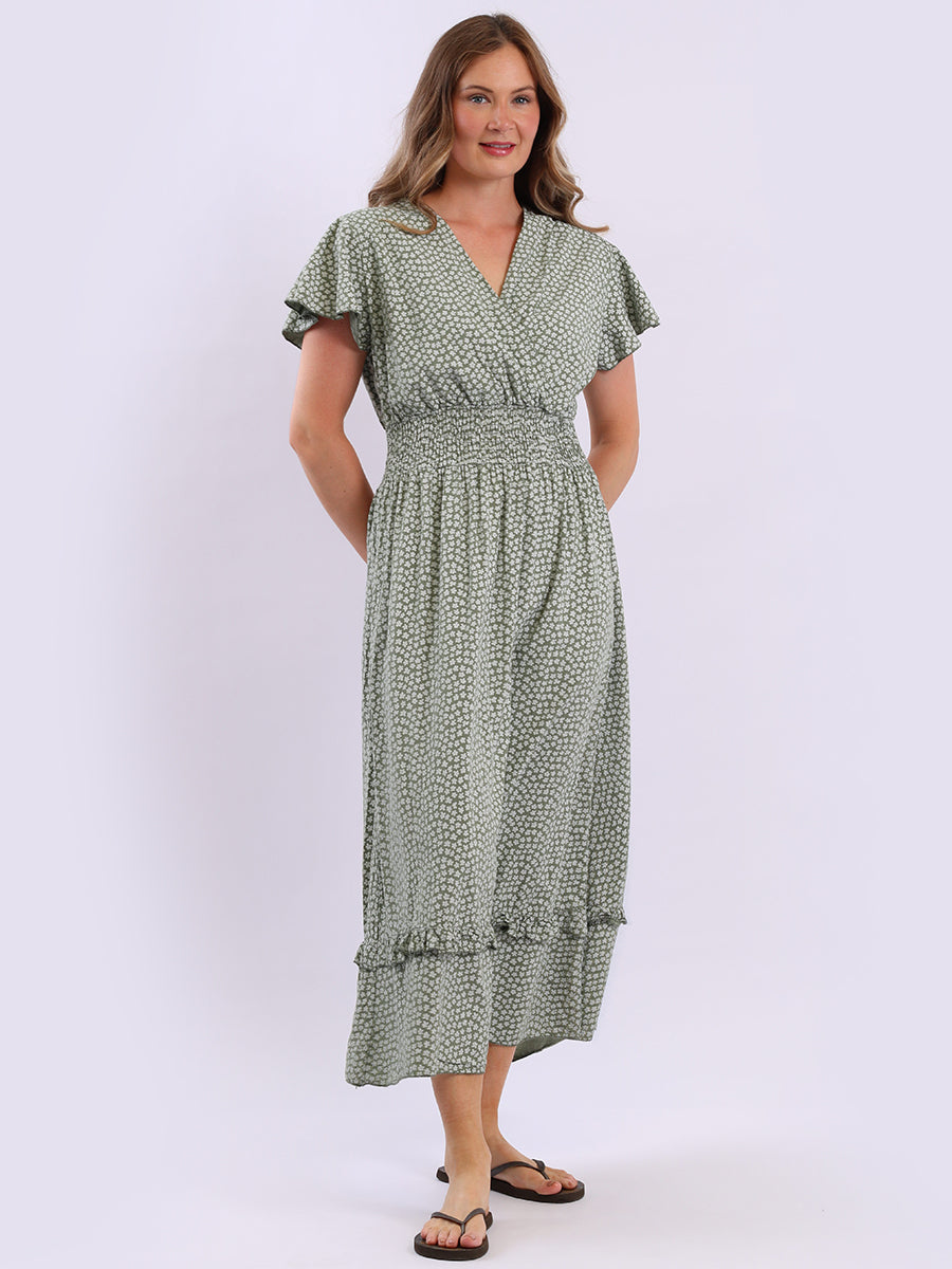 Smocked Floral Dress Khaki