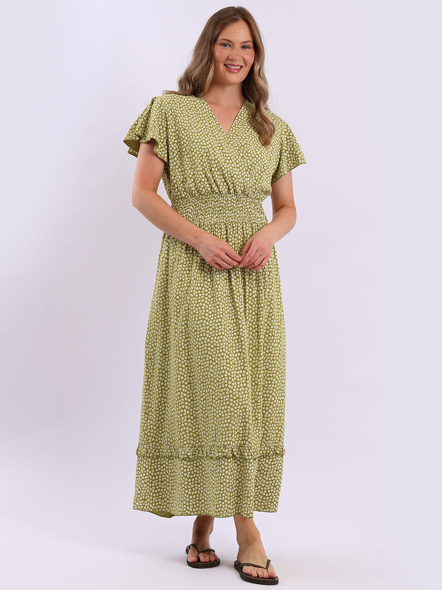 Smocked Floral Dress Olive
