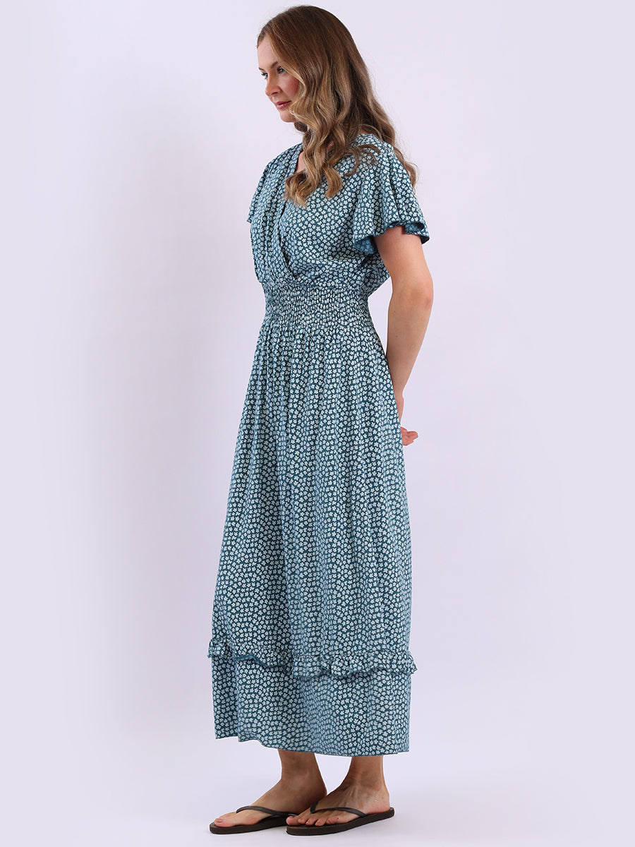 Overlap Neck Smocked Floral Ruffle Dress