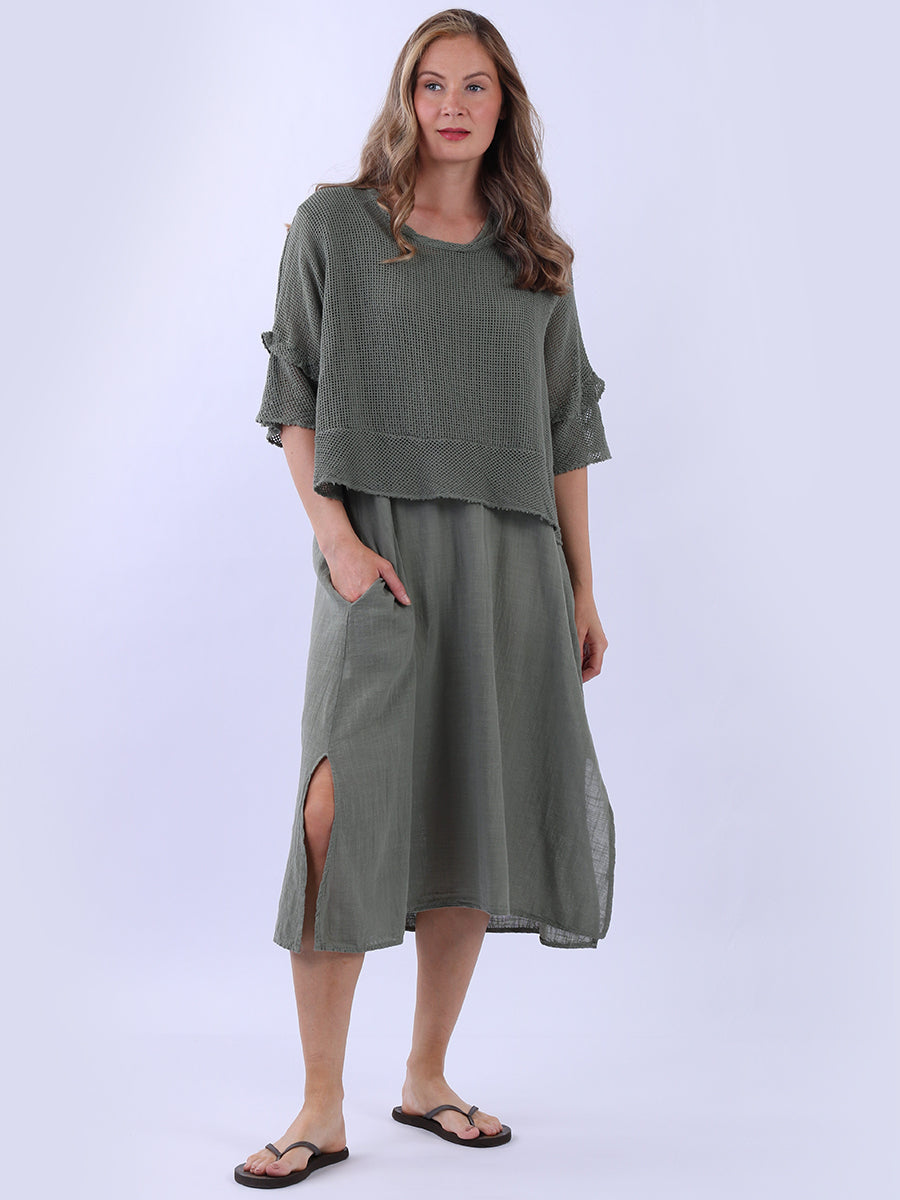 Mesh Net Cotton Dress Khaki