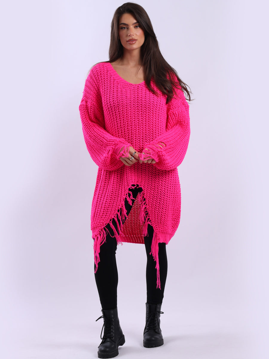 Solid Fringe Knit Long Jumper Fuchsia
