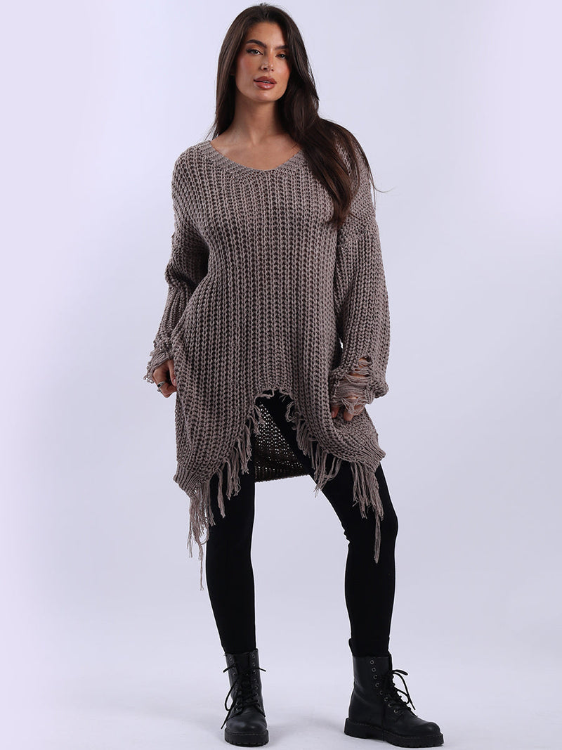 Solid Fringe Knit Long Jumper Mocha