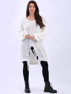 Solid Fringe Knit Long Jumper Off White