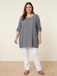 Plus Size Broderie Cotton Top Charcoal