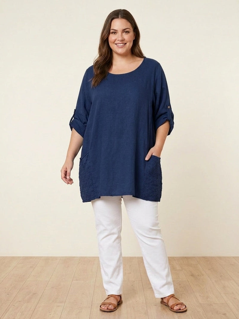 Plus Size Broderie Cotton Top Navy