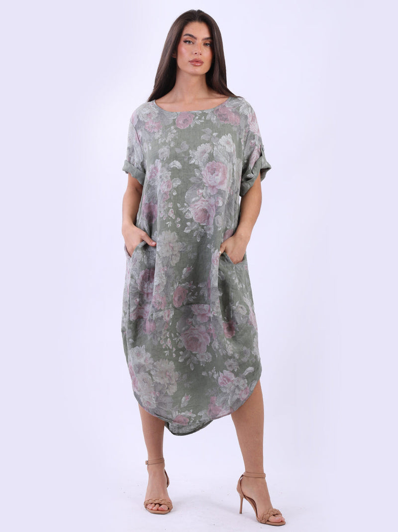 Oversized Floral Linen Midi Dress Khaki