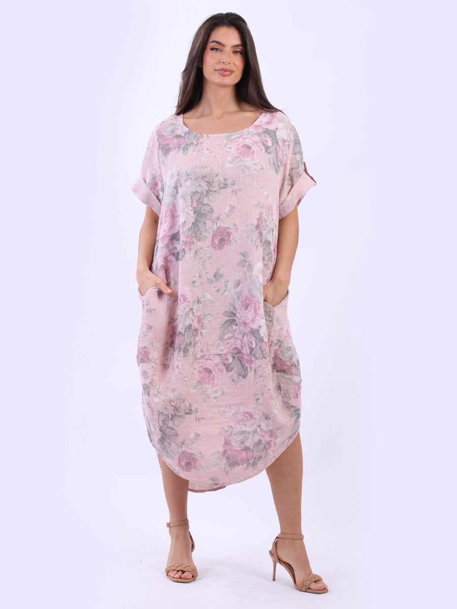 Oversized Floral Linen Midi Dress Pink