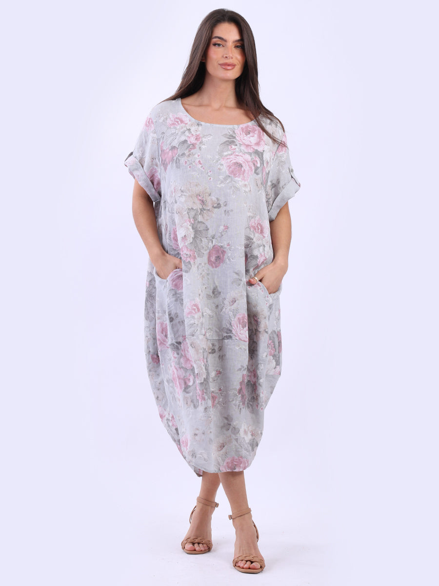 Oversized Floral Linen Midi Dress Silver