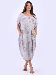 Oversized Floral Linen Midi Dress Silver