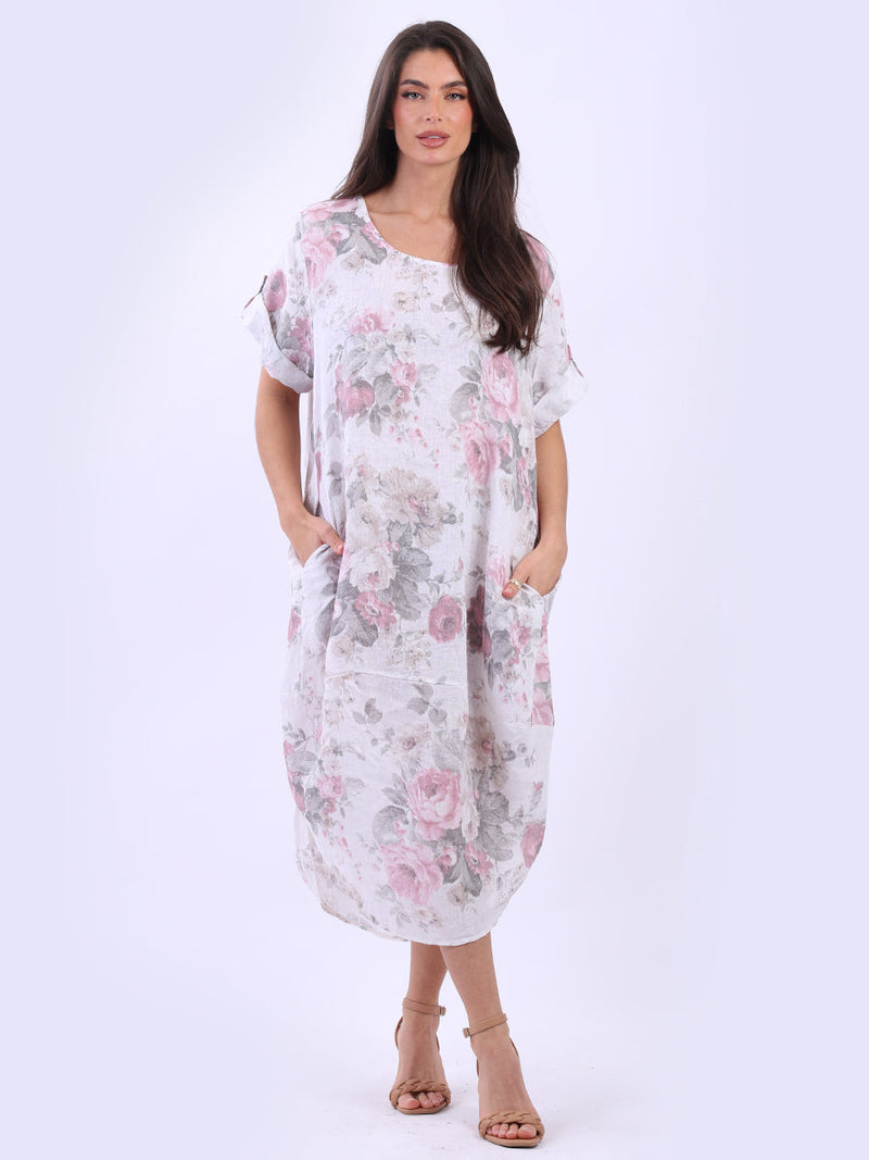 Oversized Floral Linen Midi Dress White