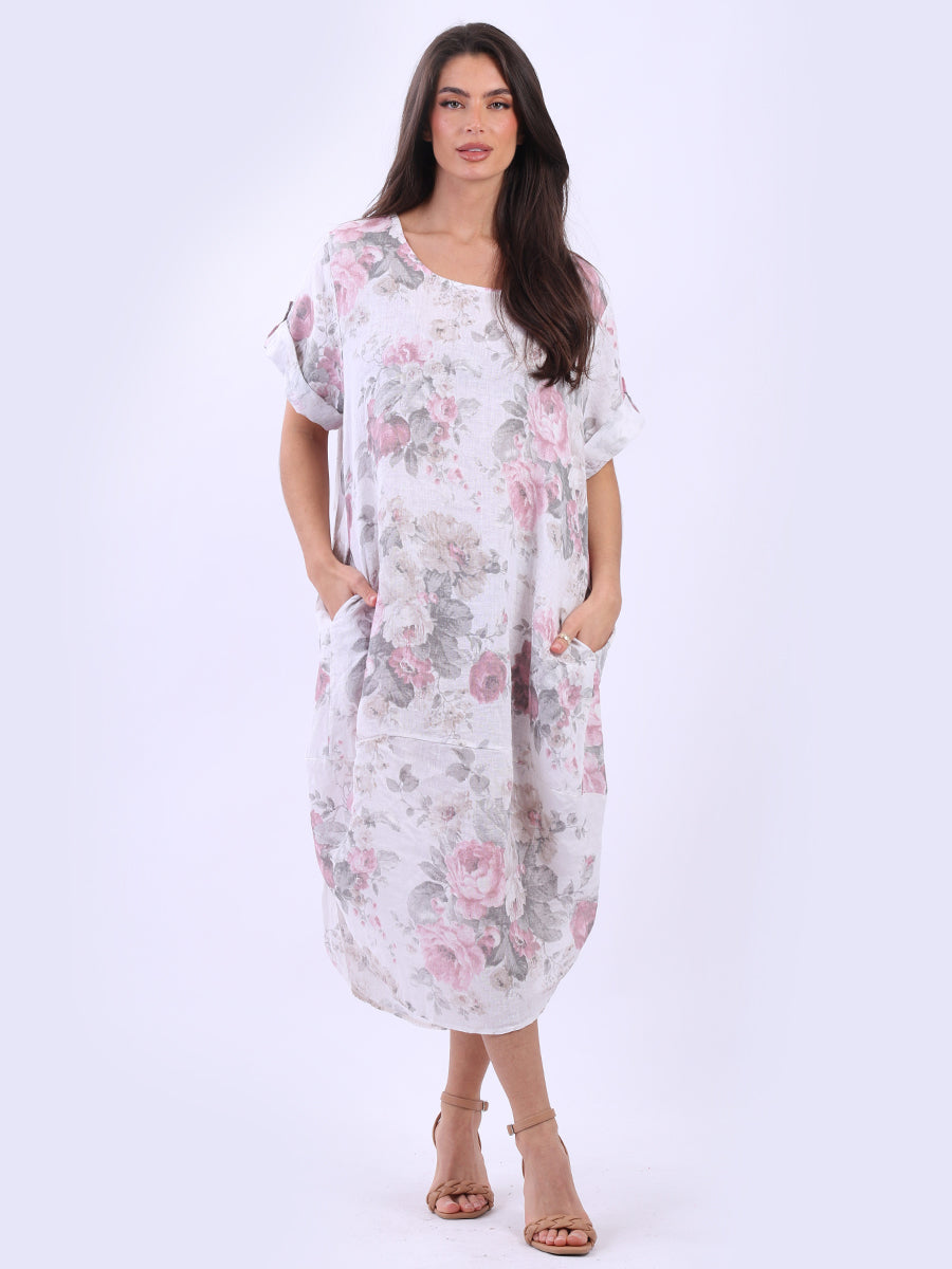 Oversized Floral Linen Midi Dress White