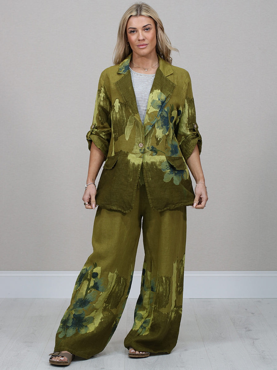 Floral Linen Jacket Olive